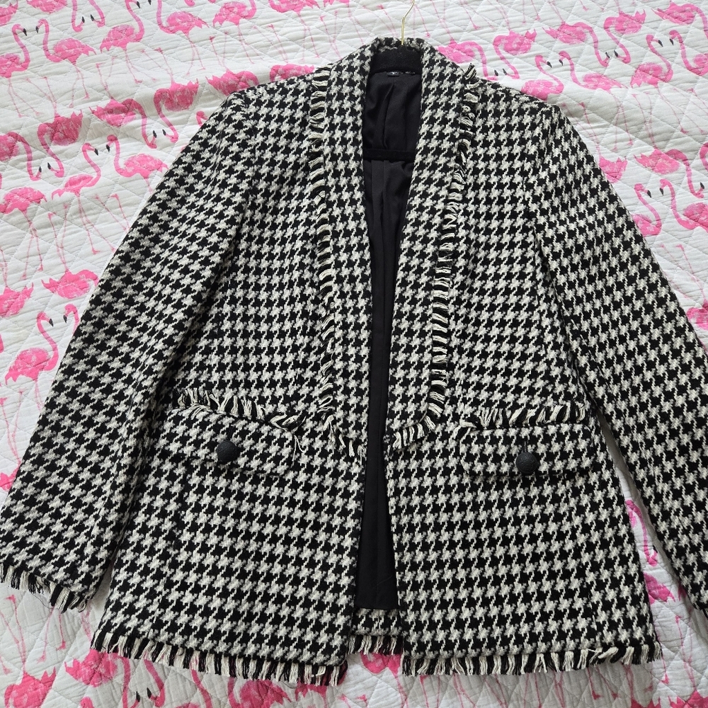 EXPRESS Blazer Coat Houndstooth Black and White - Picture 12 of 13